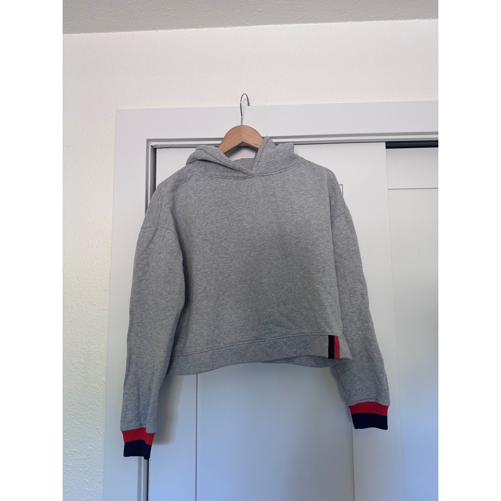 KULE Cropped Hoodie Heather Gray Cotton Striped Cuff Sweatshirt Size Large